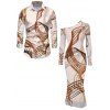 Vintage Couple Outfit Abstract Line Print Mesh Panel Skew Neck Bodycon Dress and Long Sleeve Shirt Set - Abricot S | US 4