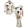 Winter Couple Outfit Colorblock Geometric Print Mesh Panel Skew Neck Bodycon Dress and Long Sleeve Shirt Set - Blanc S | US 4