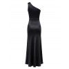 Elegant Evening Dress Contrast Color One Shoulder Formal Satin Dress - Noir XXL | US 12
