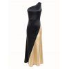 Elegant Evening Dress Contrast Color One Shoulder Formal Satin Dress - Noir XXL | US 12