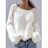 Casual Fuzzy Knit Sweater Hollow Crochet Floral Shoulder Long Sleeve Pullover Sweater - Blanc S | US 4