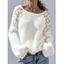 Casual Fuzzy Knit Sweater Hollow Crochet Floral Shoulder Long Sleeve Pullover Sweater - Blanc S | US 4