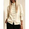 Stand Collar Knit Cardigan Double Row Metal Button Zip Front Long Sleeve Sweater Jacket - Blanc M | US 6
