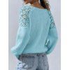 Casual Fuzzy Knit Sweater Hollow Crochet Floral Shoulder Long Sleeve Pullover Sweater - Bleu Poudre XXL | US 12
