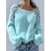 Casual Fuzzy Knit Sweater Hollow Crochet Floral Shoulder Long Sleeve Pullover Sweater - Bleu Poudre XXL | US 12