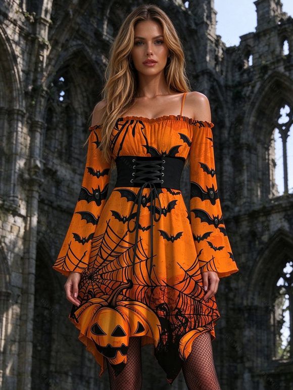Gothic Halloween Dress Pumpkin Spider Web Bat Print Lace Up Belt Ruffle Off the Shoulder Bell Sleeve Handkerchief Dress - Orange XXL | US 14