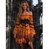 Gothic Halloween Dress Pumpkin Spider Web Bat Print Lace Up Belt Ruffle Off the Shoulder Bell Sleeve Handkerchief Dress - Orange M | US 6