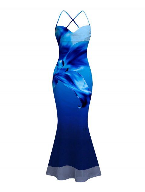 Vacation Dress Ombre Floral Print Mesh Panel Draped Crisscross Bodycon Dress