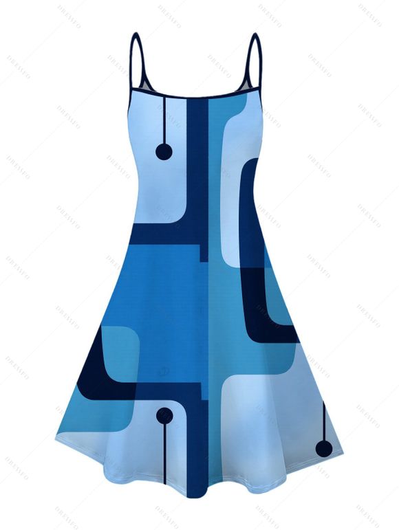 Casual Couple Outfit Abstract Geometric Print Spaghetti Strap A Line Mini Dress and Short Sleeve Shirt Set - Bleu Ciel S | US 4