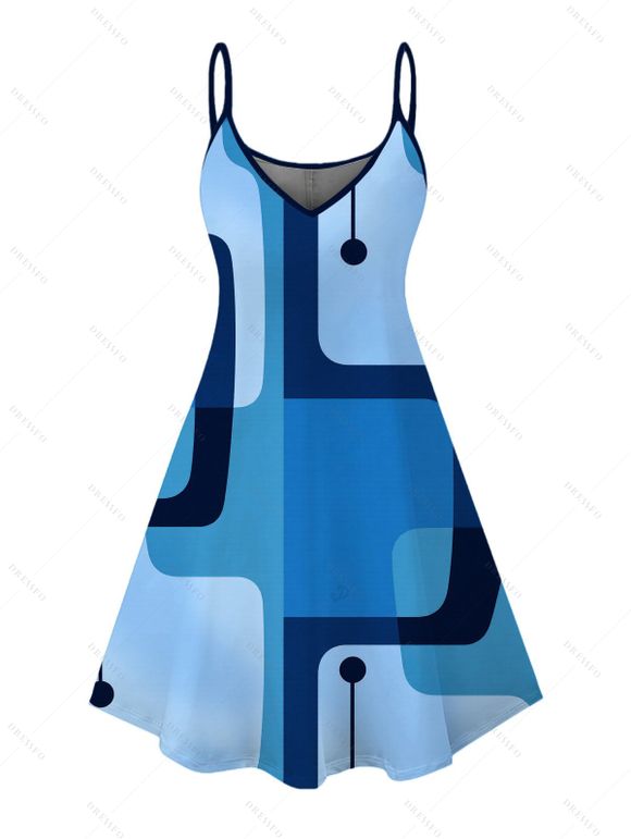 Casual Couple Outfit Abstract Geometric Print Spaghetti Strap A Line Mini Dress and Short Sleeve Shirt Set - Bleu Ciel S | US 4