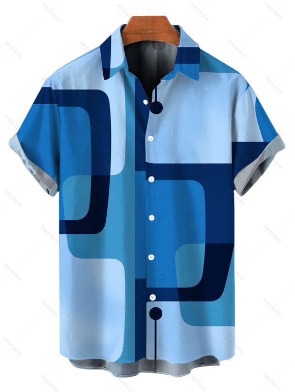 Casual Couple Outfit Abstract Geometric Print Spaghetti Strap A Line Mini Dress and Short Sleeve Shirt Set - Bleu Ciel S | US 4