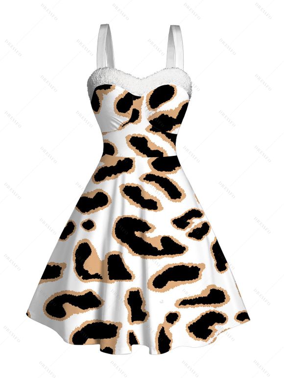 Vintage Couple Outfit Leopard Print Faux Fur Sweetheart Neck A Line Mini Dress and Shirt Set - multicolor S | US 4