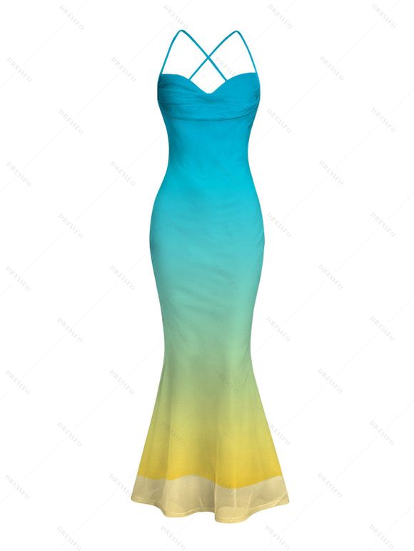 Vacation Couple Outfit Ombre Crisscross Mesh Panel Draped Spaghetti Strap Bodycon Dress and Shirt Set - multicolor S | US 4