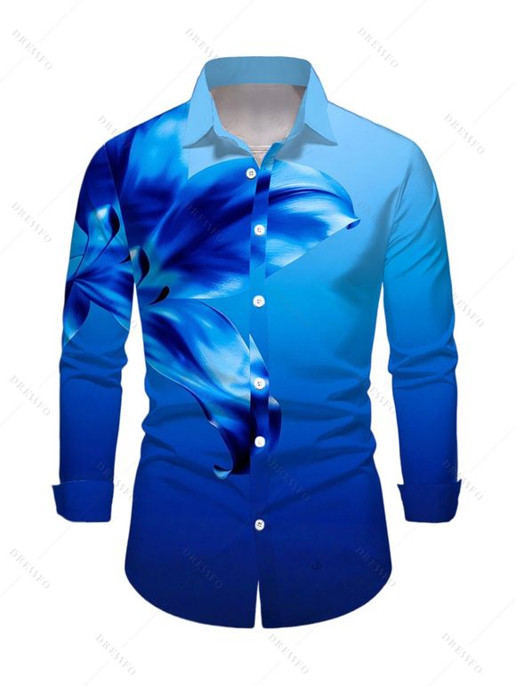 Vacation Couple Outfit Ombre Floral Print Mesh Panel Draped Crisscross Bodycon Dress and Long Sleeve Shirt Set - Bleu S | US 4