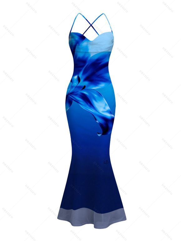 Vacation Couple Outfit Ombre Floral Print Mesh Panel Draped Crisscross Bodycon Dress and Long Sleeve Shirt Set - Bleu S | US 4