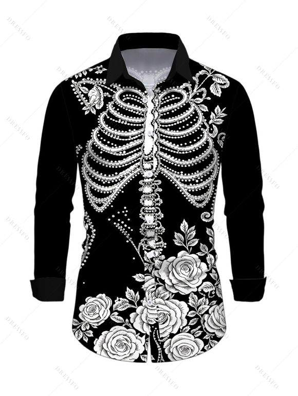 Holiday Couple Outfit Skeleton Rose Floral Shinny Dots Print Bell Sleeve A Line Mini Sweater Dress and Long Sleeve Shirt Set - Noir S | US 4