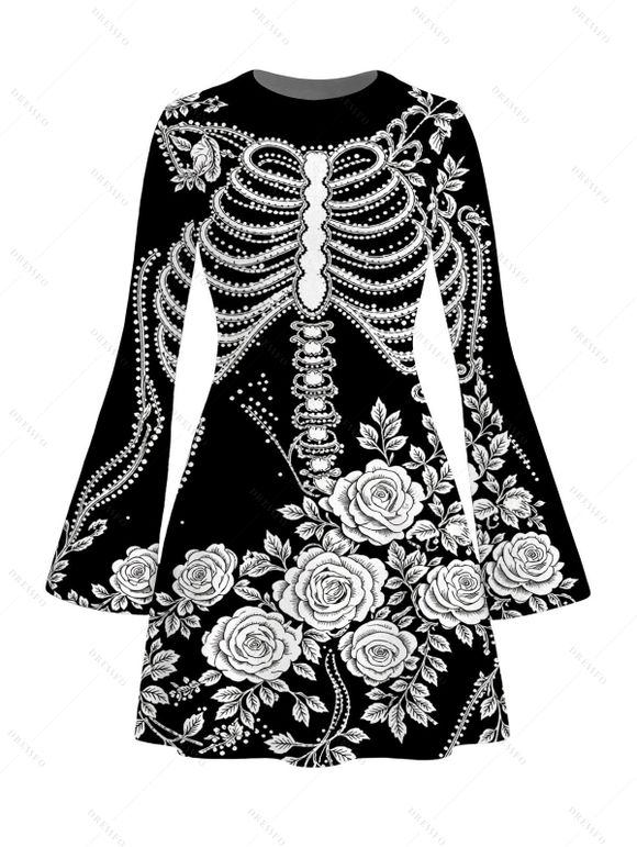 Holiday Couple Outfit Skeleton Rose Floral Shinny Dots Print Bell Sleeve A Line Mini Sweater Dress and Long Sleeve Shirt Set - Noir S | US 4