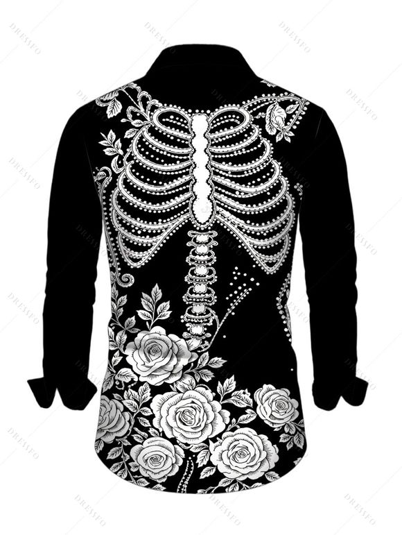 Holiday Couple Outfit Skeleton Rose Floral Shinny Dots Print Bell Sleeve A Line Mini Sweater Dress and Long Sleeve Shirt Set - Noir S | US 4
