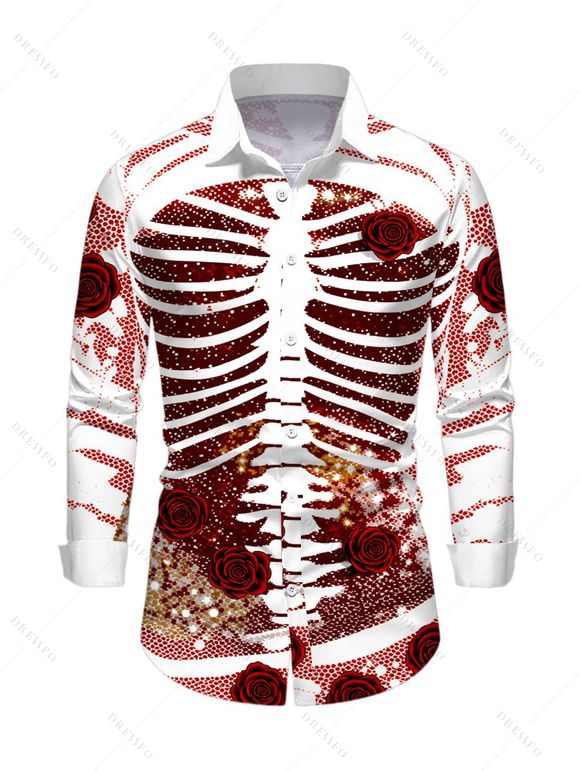 Holiday Couple Outfit Skeleton Rose Floral Shinny Dots Print Bell Sleeve A Line Mini Sweater Dress and Long Sleeve Shirt Set - Rouge S | US 4