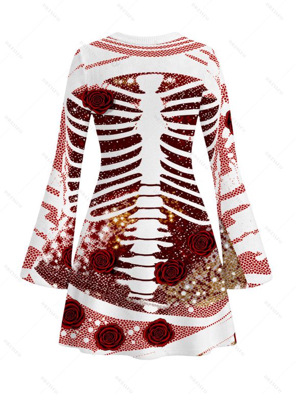 Holiday Couple Outfit Skeleton Rose Floral Shinny Dots Print Bell Sleeve A Line Mini Sweater Dress and Long Sleeve Shirt Set - Rouge S | US 4