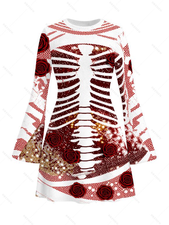 Holiday Couple Outfit Skeleton Rose Floral Shinny Dots Print Bell Sleeve A Line Mini Sweater Dress and Long Sleeve Shirt Set - Rouge S | US 4