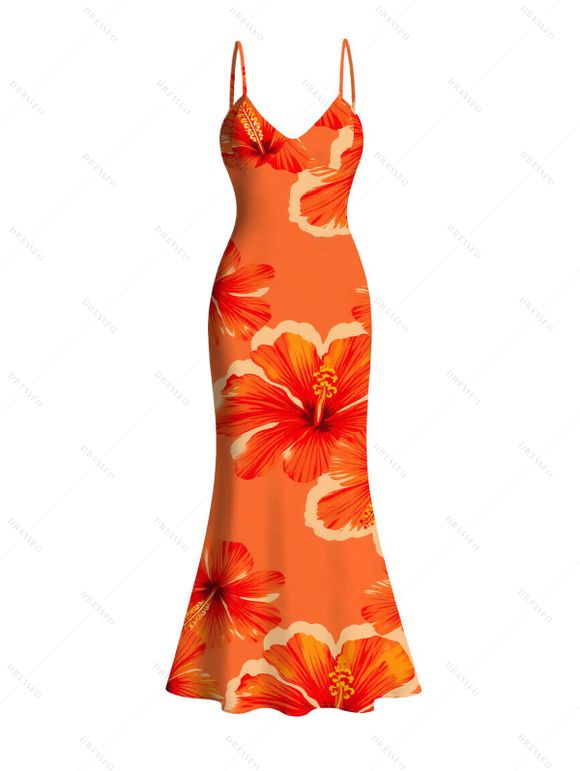 Vacation Couple Outfit Tropical Hibiscus Floral Print Spaghetti Strap Mermaid Dress and Long Sleeve Shirt Set - Orange S | US 4