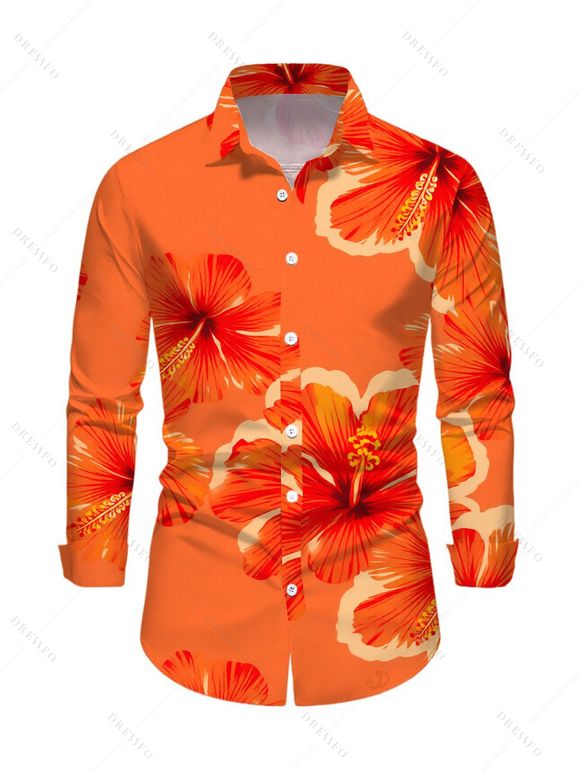 Vacation Couple Outfit Tropical Hibiscus Floral Print Spaghetti Strap Mermaid Dress and Long Sleeve Shirt Set - Orange S | US 4
