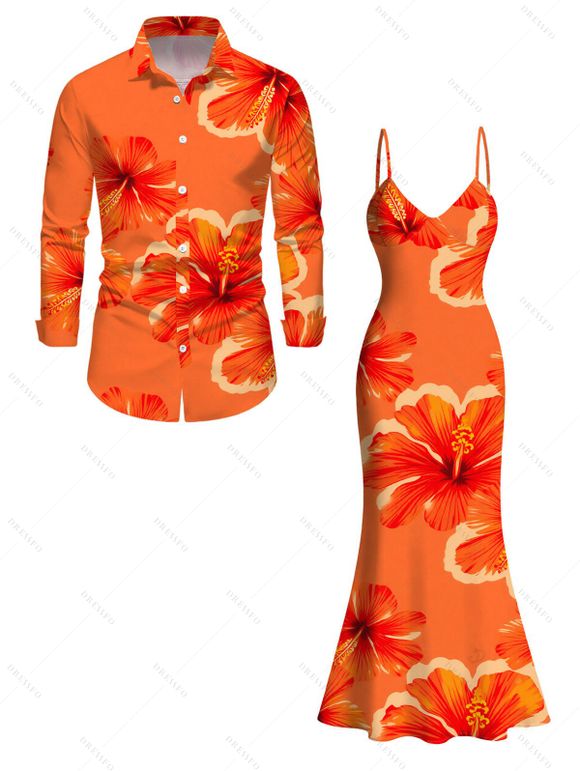 Vacation Couple Outfit Tropical Hibiscus Floral Print Spaghetti Strap Mermaid Dress and Long Sleeve Shirt Set - Orange S | US 4