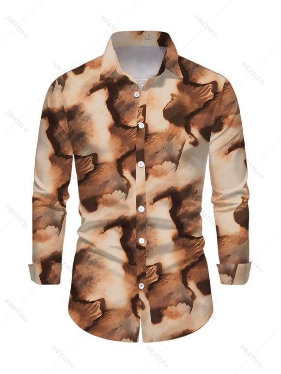 Vintage Couple Outfit Tie Dye Print Skew Neck Mesh Panel Bodycon Dress and Long Sleeve Shirt Set - Brun S | US 4