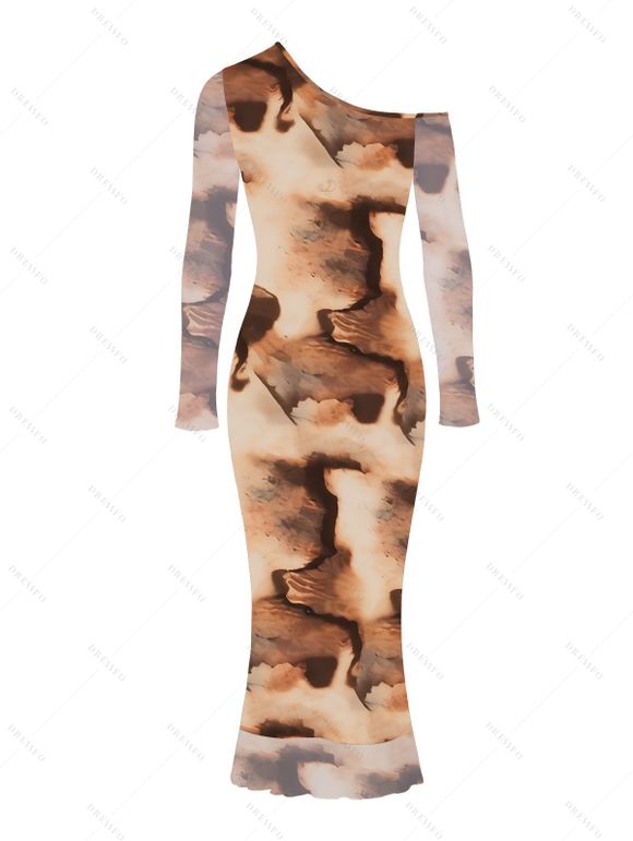 Vintage Couple Outfit Tie Dye Print Skew Neck Mesh Panel Bodycon Dress and Long Sleeve Shirt Set - Brun S | US 4