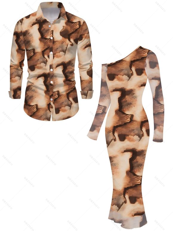 Vintage Couple Outfit Tie Dye Print Skew Neck Mesh Panel Bodycon Dress and Long Sleeve Shirt Set - Brun S | US 4
