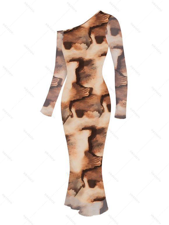 Vintage Couple Outfit Tie Dye Print Skew Neck Mesh Panel Bodycon Dress and Long Sleeve Shirt Set - Brun S | US 4