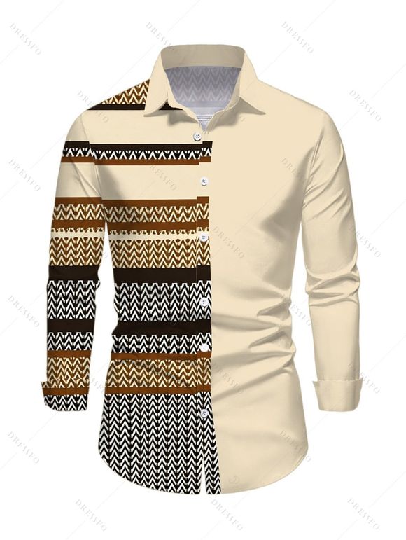 Ethnic Couple Outfit Colorblock Zig Zag Striped Print Skew Neck Bodycon Dress and Long Sleeve Shirt Set - café lumière S | US 4