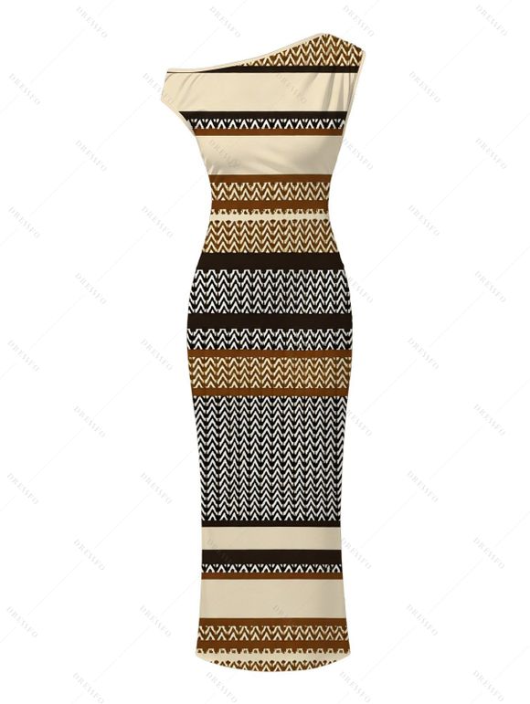 Ethnic Couple Outfit Colorblock Zig Zag Striped Print Skew Neck Bodycon Dress and Long Sleeve Shirt Set - café lumière S | US 4