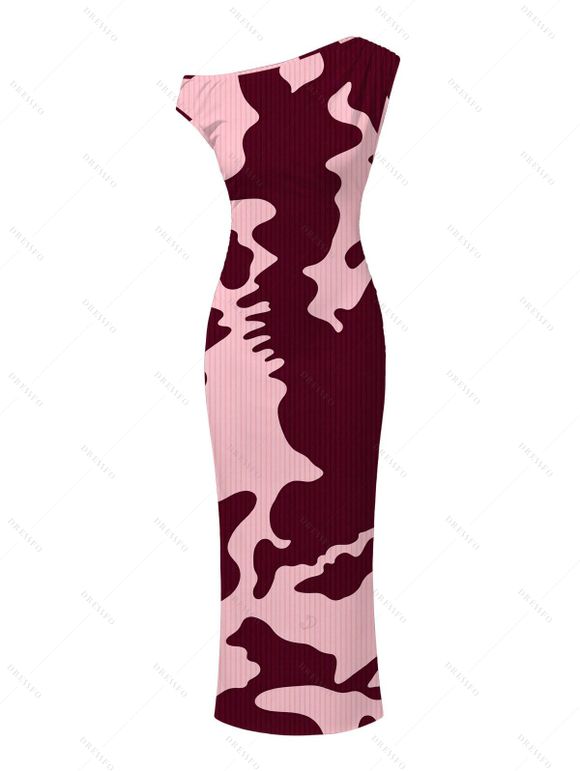 Autumn Couple Outfit Camo Striped Print Skew Neck Bodycon Dress and Long Sleeve Shirt Set - Rose S | US 4