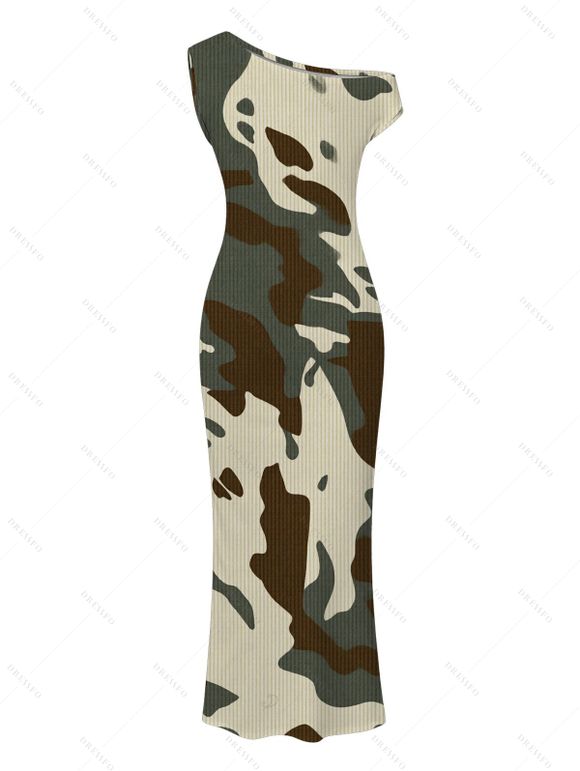Autumn Couple Outfit Camo Striped Print Skew Neck Bodycon Dress and Long Sleeve Shirt Set - Vert Armée S | US 4