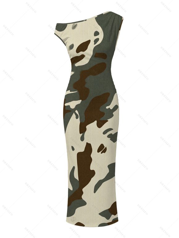 Autumn Couple Outfit Camo Striped Print Skew Neck Bodycon Dress and Long Sleeve Shirt Set - Vert Armée S | US 4