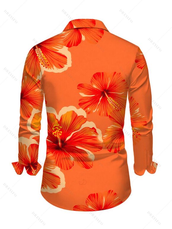 Men's Vacation Shirt Tropical Hibiscus Floral Print Button Up Long Sleeve Shirt - Orange XL