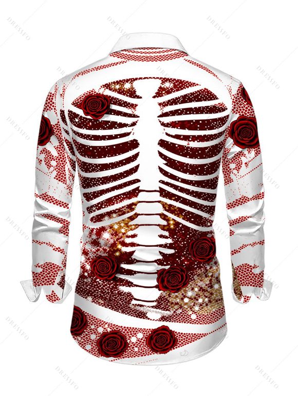 Men's Holiday Shirt Skeleton Rose Floral Shinny Dots Print Button Up Long Sleeve Shirt - Rouge S