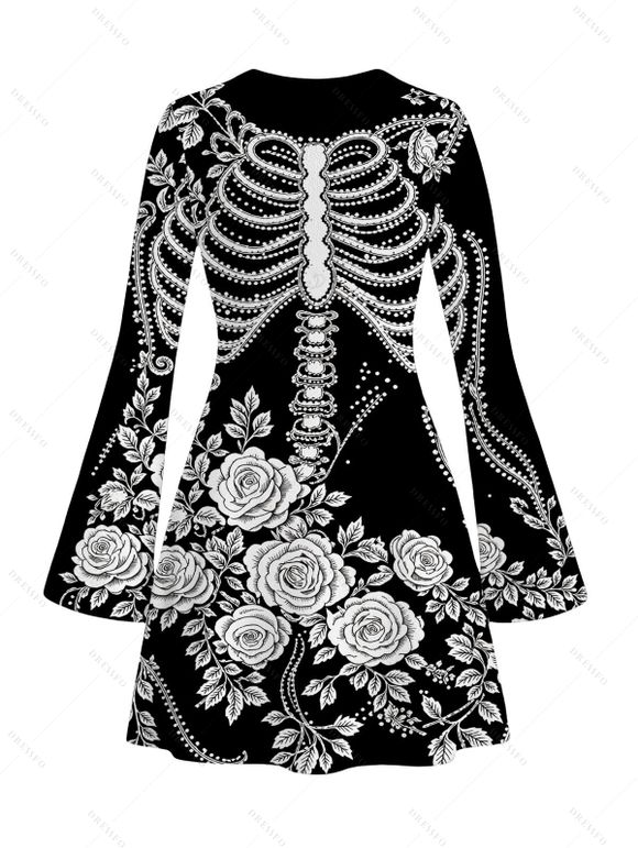 Holiday Dress Skeleton Rose Floral Print Bell Sleeve A Line Mini Sweater Dress - Noir S | US 4