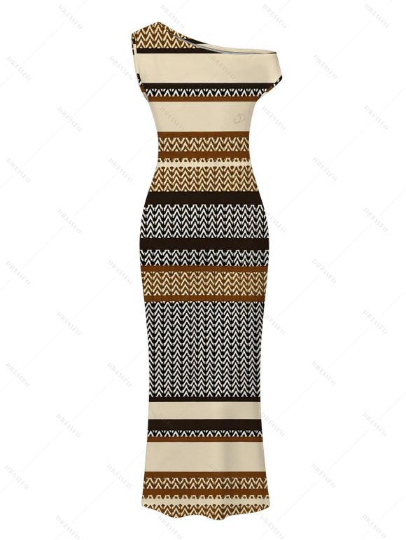 Vintage Dress Colorblock Zig Zag Striped Print Skew Neck Bodycon Dress - multicolor M | US 6