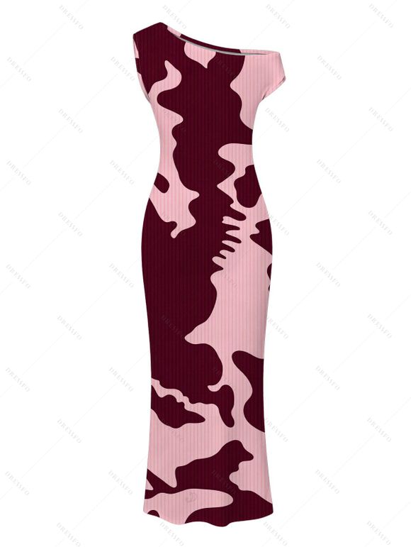 Elegant Dress Camo Striped Print Skew Neck Bodycon Dress - Rose M | US 6