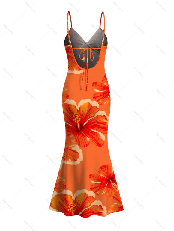 Vacation Dress Tropical Hibiscus Floral Print Spaghetti Strap Mermaid Dress - Orange L | US 8-10