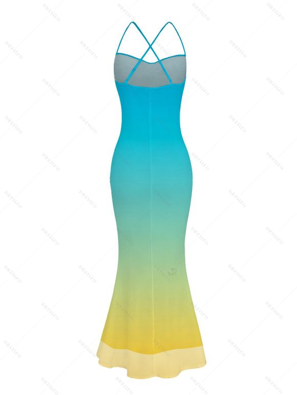 Vacation Dress Ombre Crisscross Mesh Panel Draped Spaghetti Strap Bodycon Dress - multicolor M | US 6