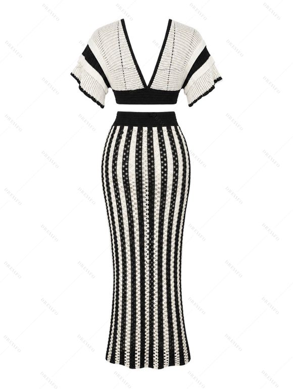 Bohemian Couple Outfit Colorblock Hollow Out V Neck Cropped Top Striped Tied Knitted Bodycon Skirt and Geometric Print Shirt Set - Blanc S | US 4