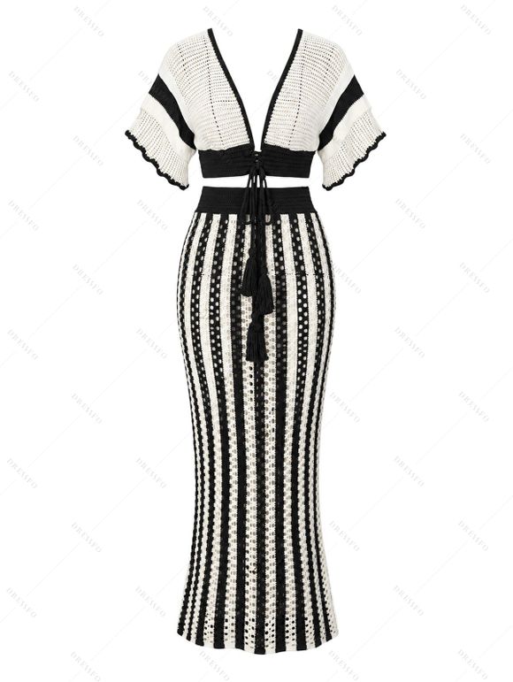 Bohemian Couple Outfit Colorblock Hollow Out V Neck Cropped Top Striped Tied Knitted Bodycon Skirt and Geometric Print Shirt Set - Blanc S | US 4