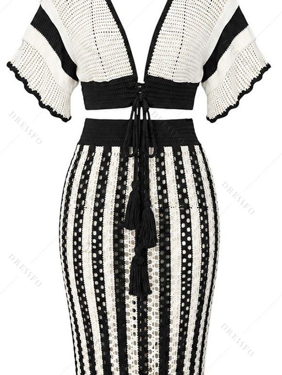 Bohemian Couple Outfit Colorblock Hollow Out V Neck Cropped Top Striped Tied Knitted Bodycon Skirt and Geometric Print Shirt Set - Blanc S | US 4
