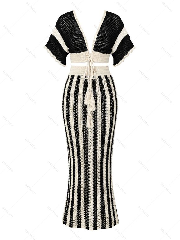 Bohemian Couple Outfit Colorblock Hollow Out Cropped Top Striped Tied Bodycon Skirt and Print Set - Noir S | US 4