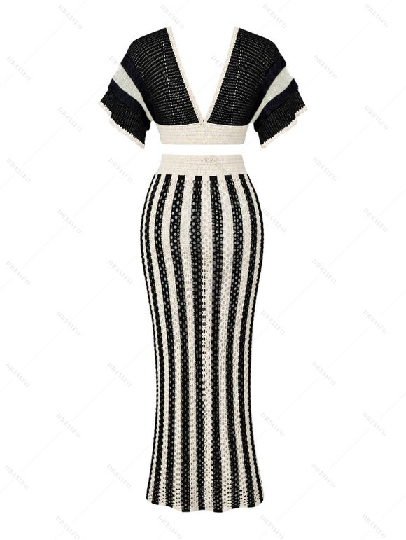 Bohemian Couple Outfit Colorblock Hollow Out Cropped Top Striped Tied Bodycon Skirt and Print Set - Noir S | US 4