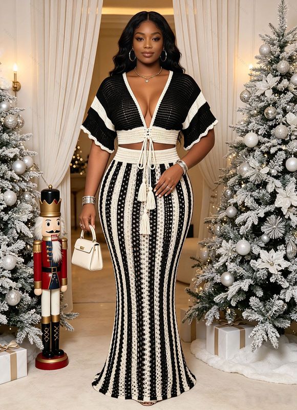 Bohemian Couple Outfit Colorblock Hollow Out Cropped Top Striped Tied Bodycon Skirt and Print Set - Noir S | US 4